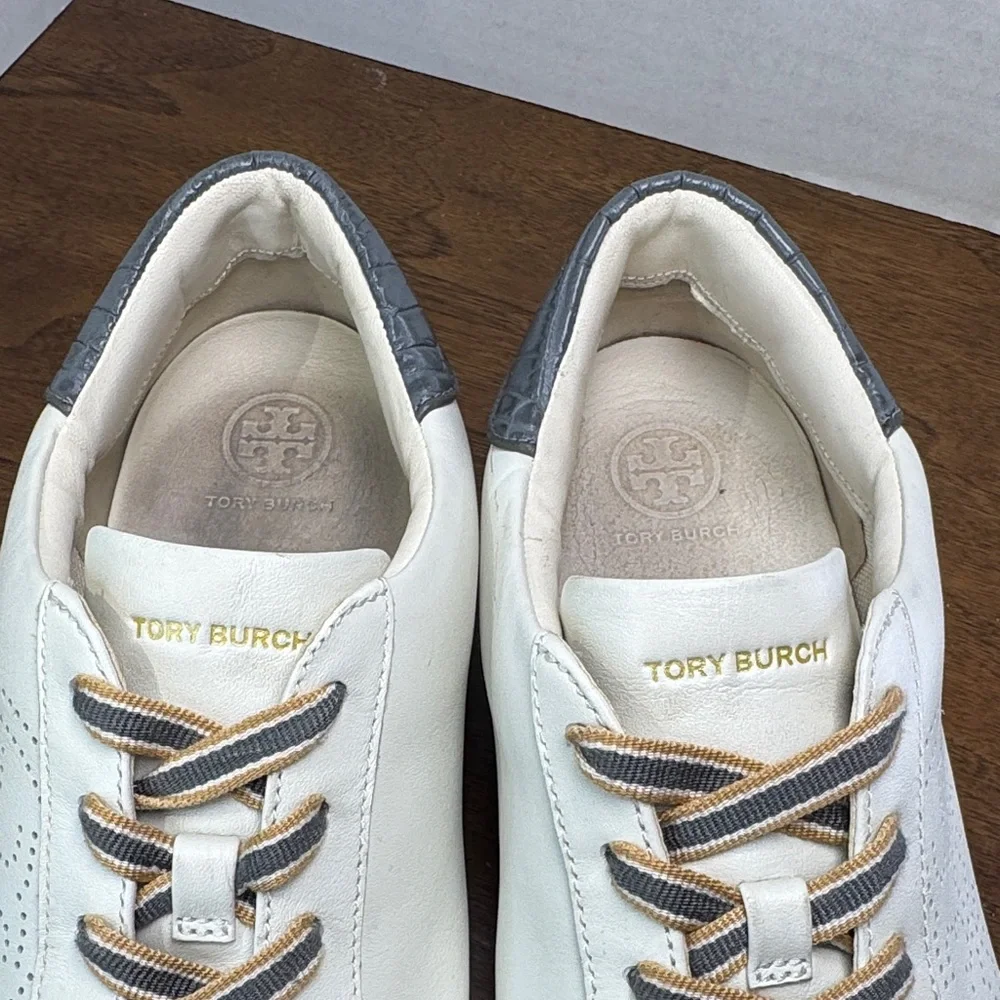 Tory Burch Leigh T-logo White Leather Sneakers w/ Perforated Logo, Womens sz 10